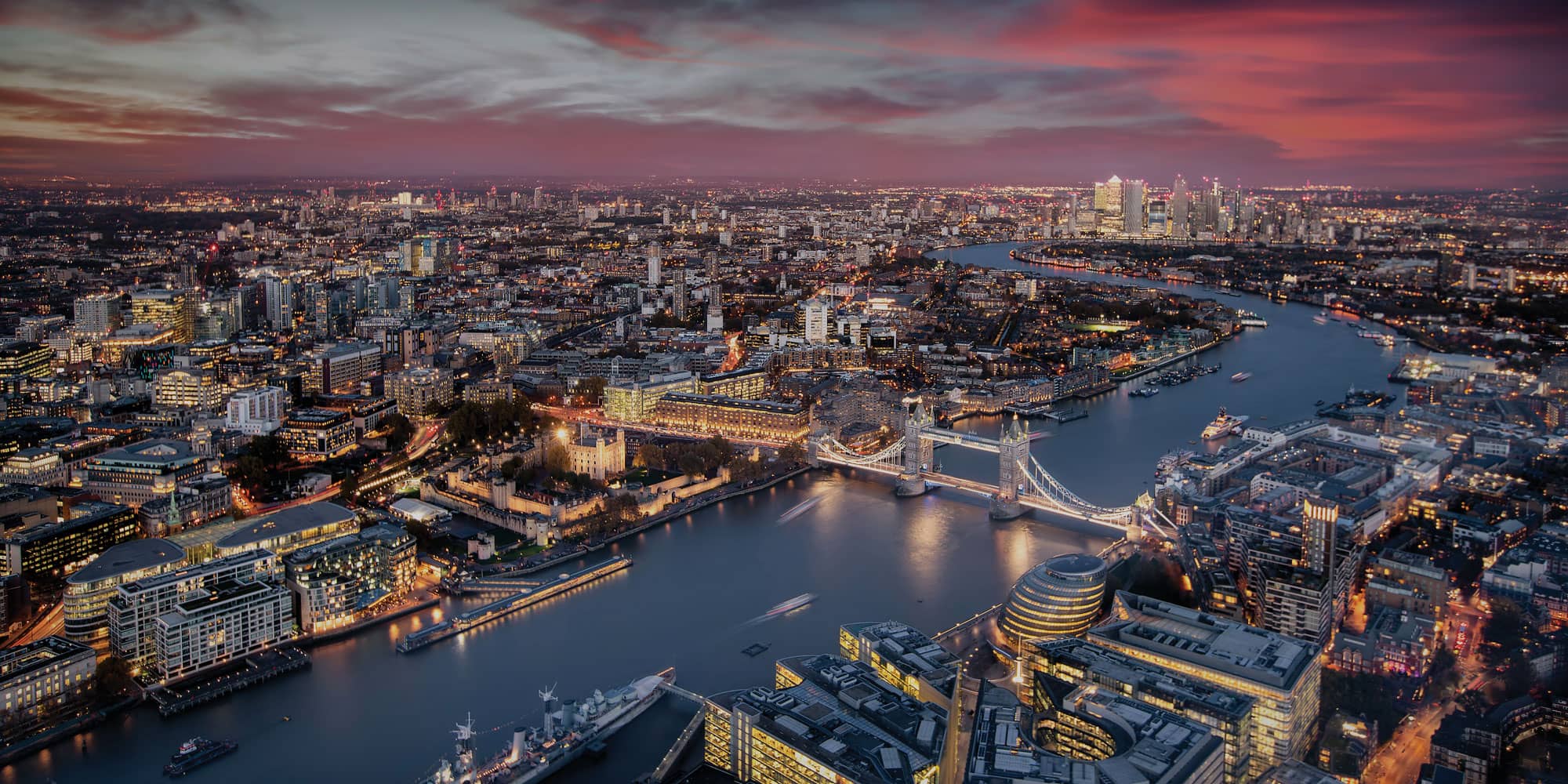 Aerial shot of London city centre in evening