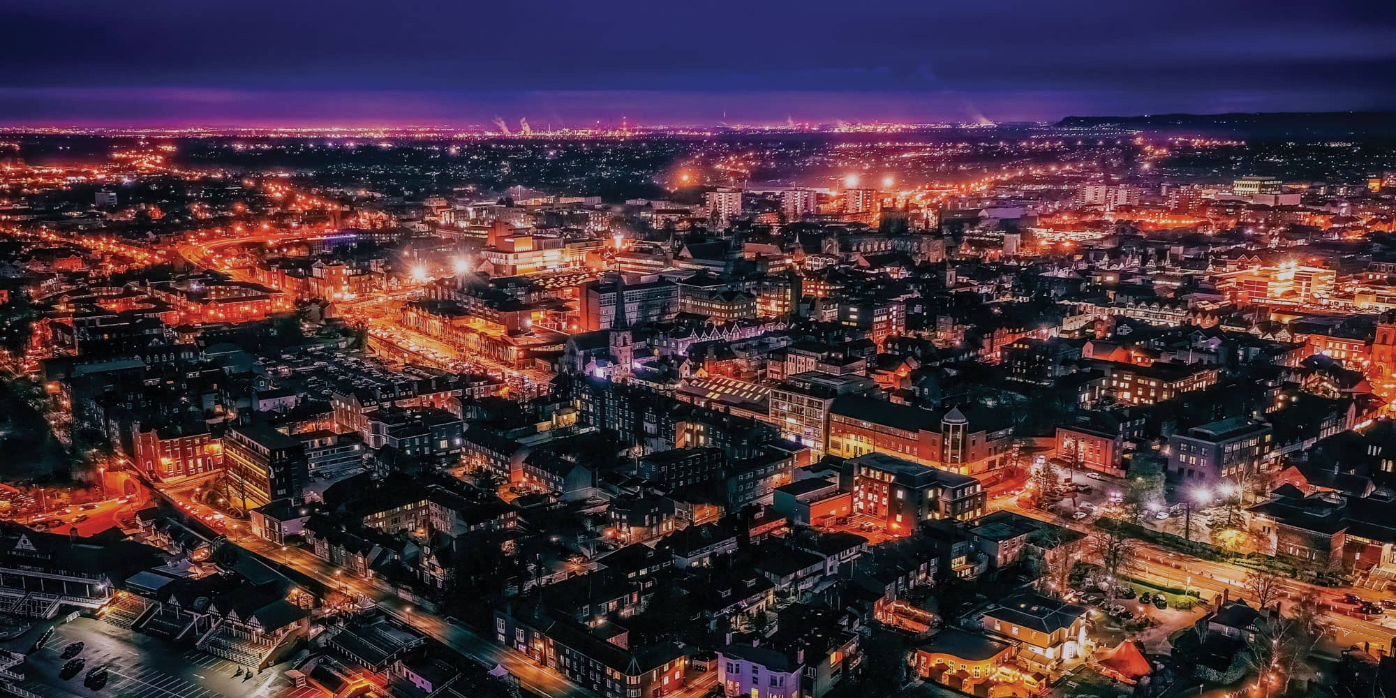 Aerial shot of Chester at night